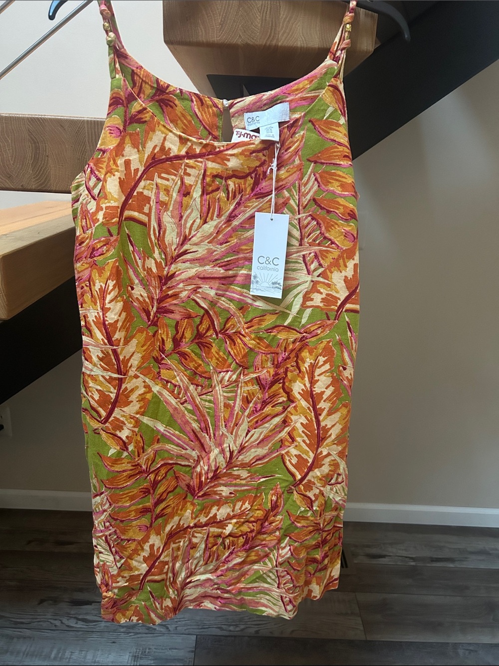 C&C California Sleeveless Tropical Leaf Slip Dress in Green, Orange & Pink linen